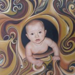 Maleri af kunstneren Jane Bonnerup. Olie på lærred. Titel: Esben - Velkommen til verdenen.
